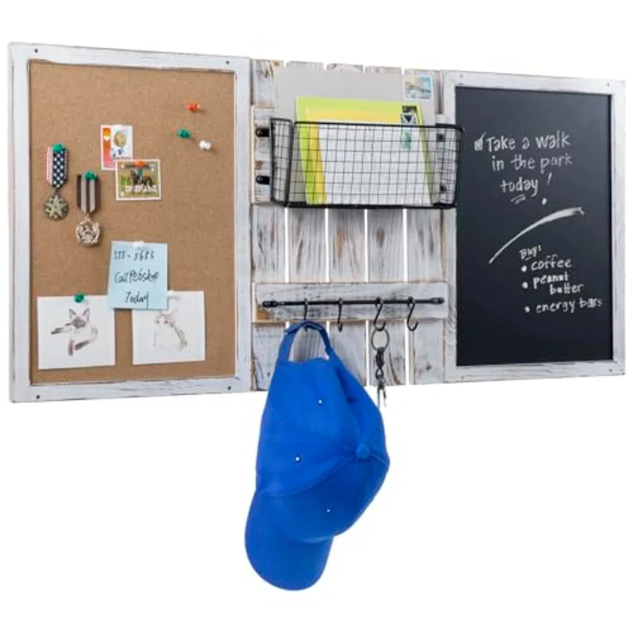 

3 Panel Wall Mounted Entryway Bulletin Board Combo Set with Shabby White Washed Solid Wood Frame Chalkboard Cork Board Black Me