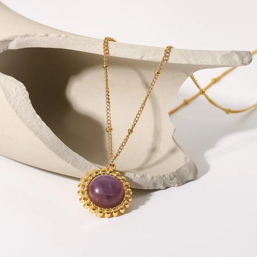 

18k Gold Plated Purple Semiprecious Stone Pendant Necklace Stainless Steel Jewelry Women's Vintage Pendant