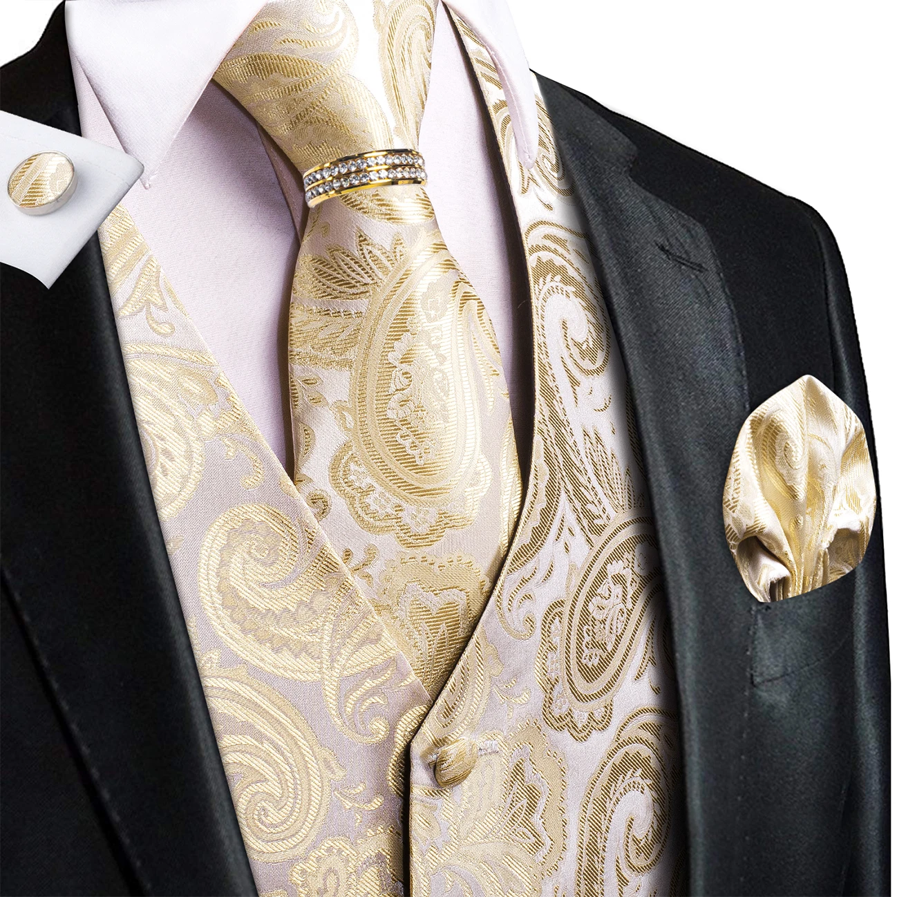 Cream Gold Floral Paisley V-Neck Vest 5Pcs Outfit Tie Pocket Square Cufflinks Ring For Spring Gentleman Gathering