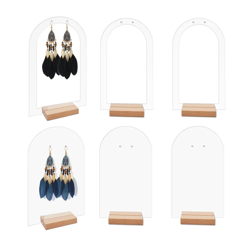 

Clear Acrylic Earrings Studs Storage Rack with Wooden Bottom Jewelry Display Rack Arched rack for Home Store Table Display 6Pack