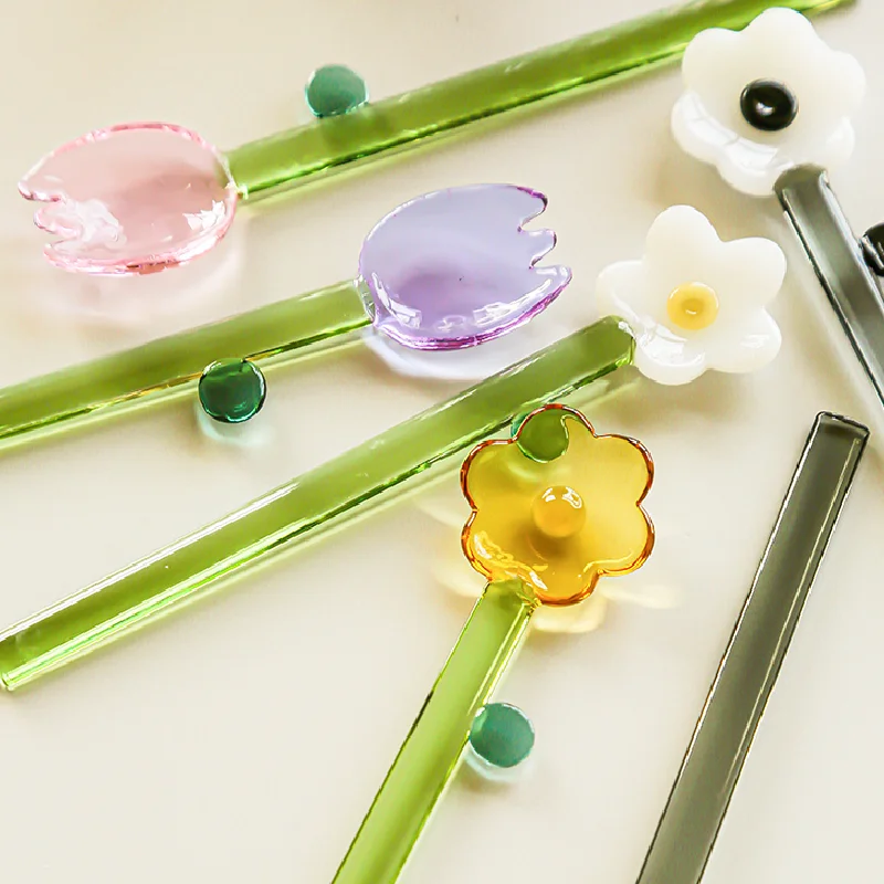 Colored Flower Glass Tea Spoon Coffee Accessories Drinkware Cafe Spoons Kitchen Items Home Tableware Cucharas Stirring Teaspoon