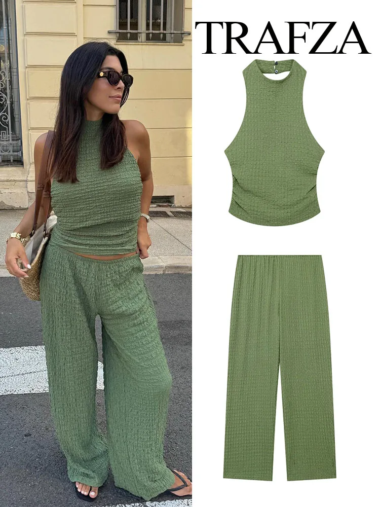 TRAFZA donna estate 2 pezzi Set solido senza maniche Backless increspato strutturato Halter Neck Top + elastico in vita pantaloni Casual a gamba larga