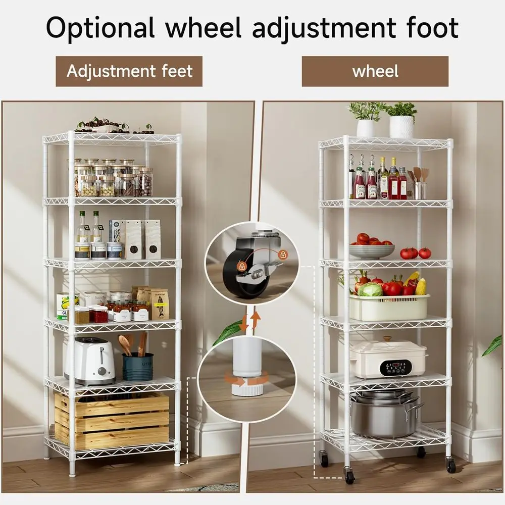Rak Kawat Logam 6 Tingkat yang Dapat Disesuaikan dengan Roda, Putih, untuk Penyimpanan di Rumah di Dapur, Ruang Penyimpanan, Ruang Cuci, dan Kamar Mandi