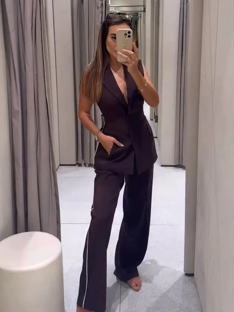 

HH Women Side Stripe Decoration 2-Piece Set Single-breasted With Belt Solid Sleeveless Vest+Summer Straight Leg Pocket Pants