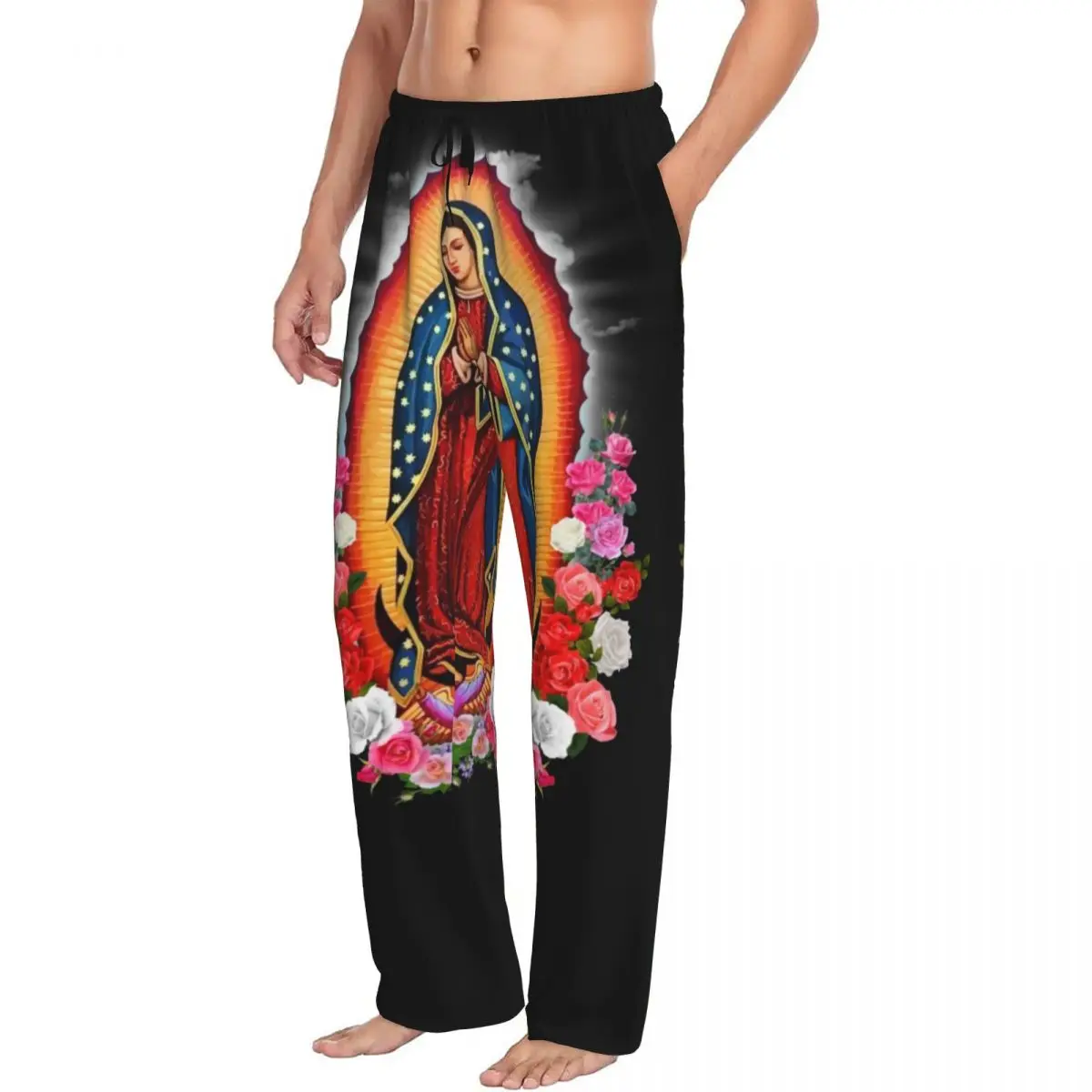 Custom Virgin Mary Of Guadalupe Pajama Pants for Men Mexico Catholic Saint Sleepwear Lounge Sleep Bottoms Stretch with Pockets