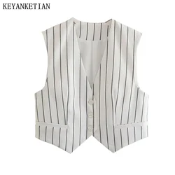 KEYANKETIAN Summer New Women Striped Waistcoat Black White Color V-Neck Single Buckle Loose Short  Vest Top Thin Street Style