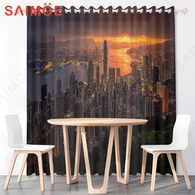 Modern Night View Sunset City Light Curtains Building River Custom Thin Polyester Fabric Office Background Decoration with Hooks