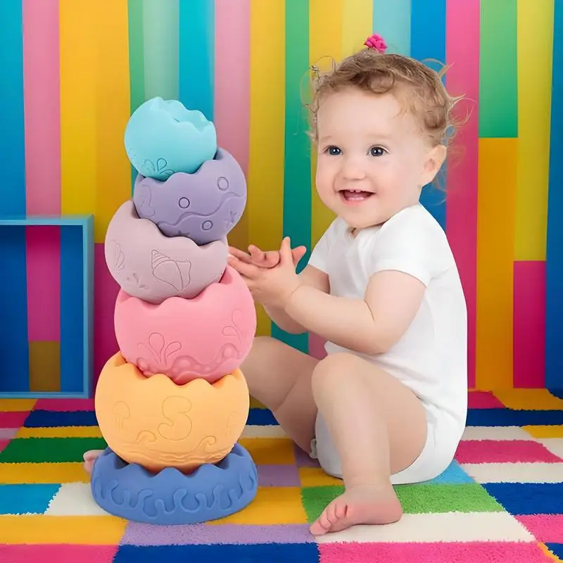 Jouets empilables en caoutchouc coquille d'œuf pour enfants, jouets empilables mentaires oriels, blocs de construction souples, jouets d'apprentissage althpour enfants