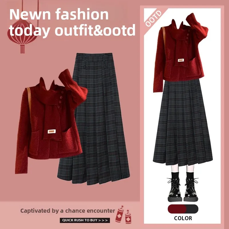 

Korean Style Long Sleeve Sweater And Plaid Skirt Two Piece Set for Women Winter Fashion Outfit Design Sensation