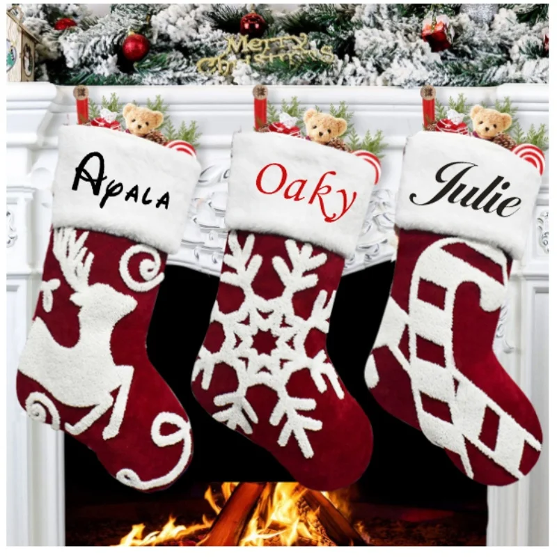 

Personalized Printing Flower White Three-dimensional Snowflake Sled Deer Christmas Socks Decoration Gift