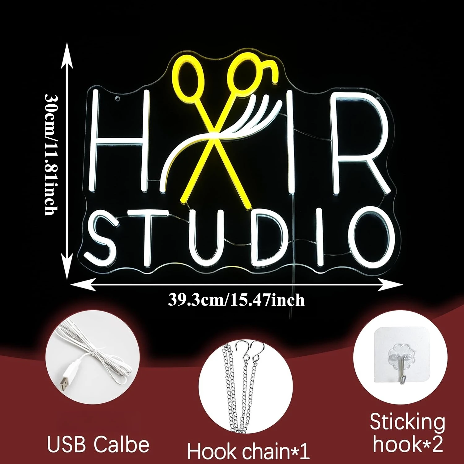 Hair Studio Neon Sign USB Powered Stylish LED Neon Light Sign Dimmable Beauty Salon Haircut for Barber Beauty Shop Wall Decor
