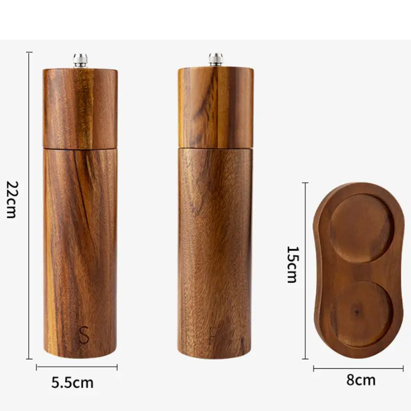 Cylindrical Wooden Salt and Pepper Grinder Set,Refillable and Matching Spice Mill,Wood Tray,Tall 8Inch,Manual Pepper Shakers Set