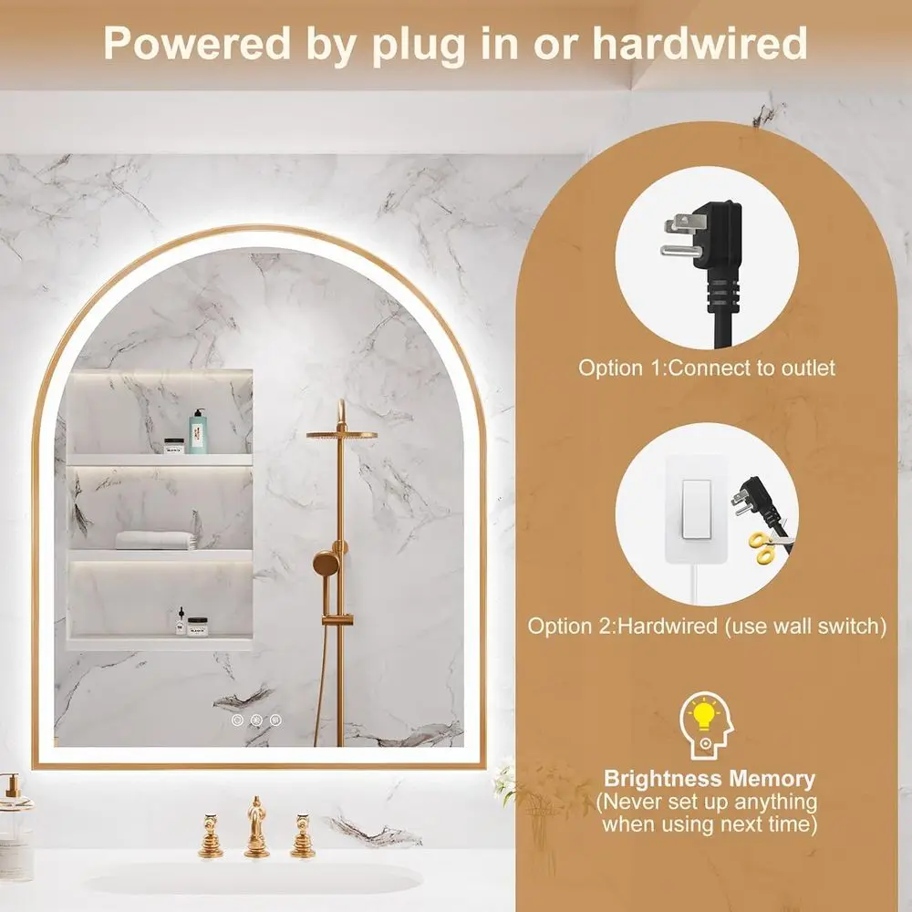 مرآة حمام LED بدون ضباب مقاس 30 × 36 مع إضاءة ذهبية برتقالية، قابلة للتعتيم، 3 خيارات ألوان، تحكم باللمس، مقاومة للكسر #6