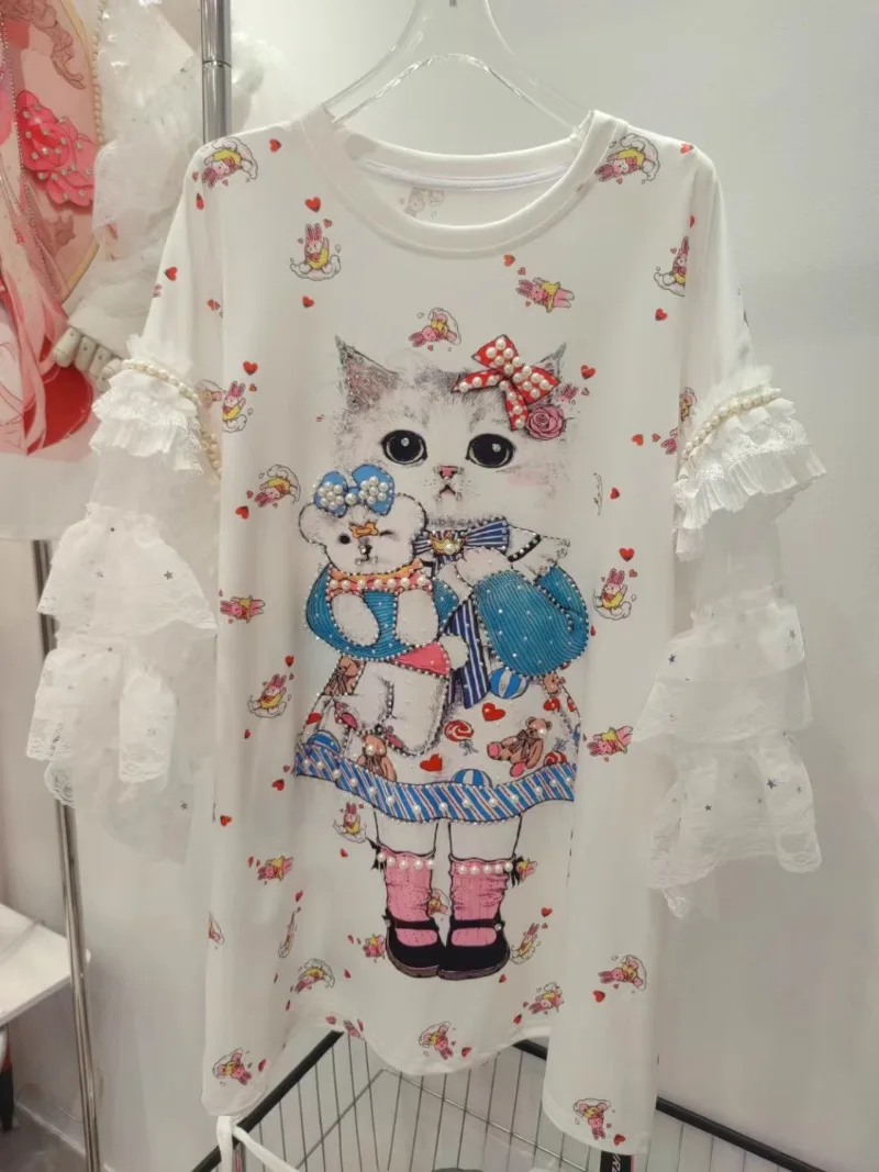 Korean New Style Doll Collar Cute Cartoon Lace Sleeve Tshirt Women\'s Heavy Work Beaded Printed Fashionable Sweet Top Tees Summer