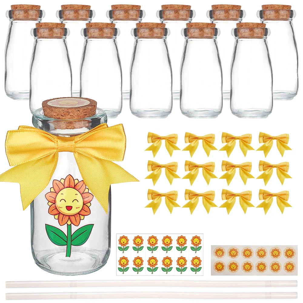 12Pcs Sunflower Theme Favors Glass Bottles with Golden Ribbons and Stickers Jars Mini Containers with Lid 3.4oz/100ml for Party