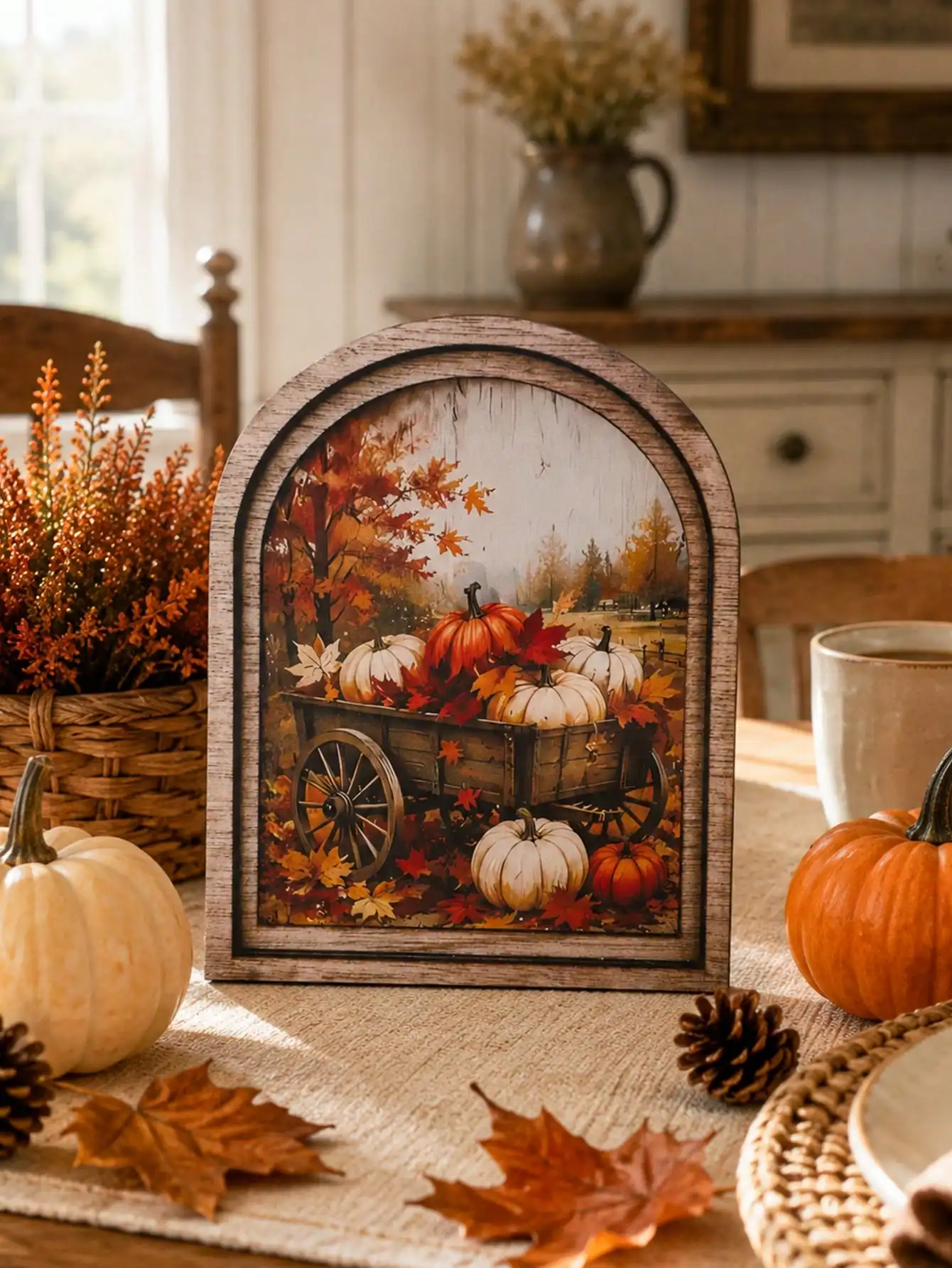 1pc Vintage Pumpkin Carriage Arch Desktop Ornament, Autumn Harvest Farmhouse Style Desktop Decor, Maple Leaf Country Autumn Thanksgiving Seasonal Indoor Window Sill Fireplace Entrance Decoration,  sh260702120909684903933