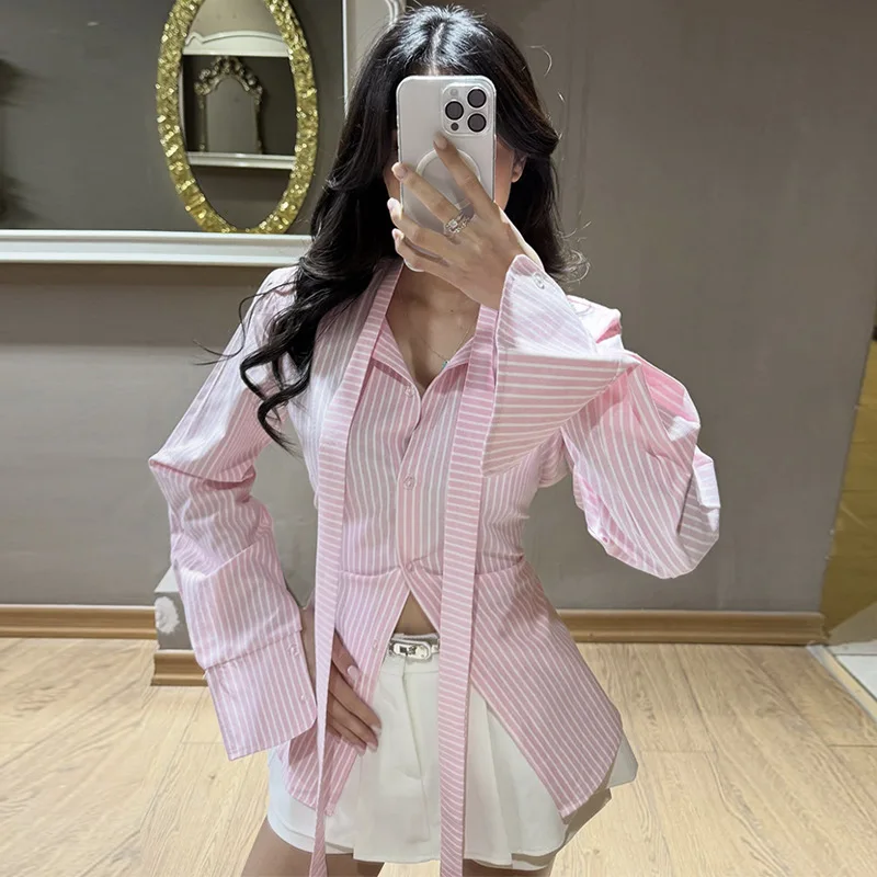 

2026 Spring Bandage Slim Waist Shirts Women Lace Up Lapel Single Breasted Long Sleeve Striped Blouses Fashion Office Lady Tops