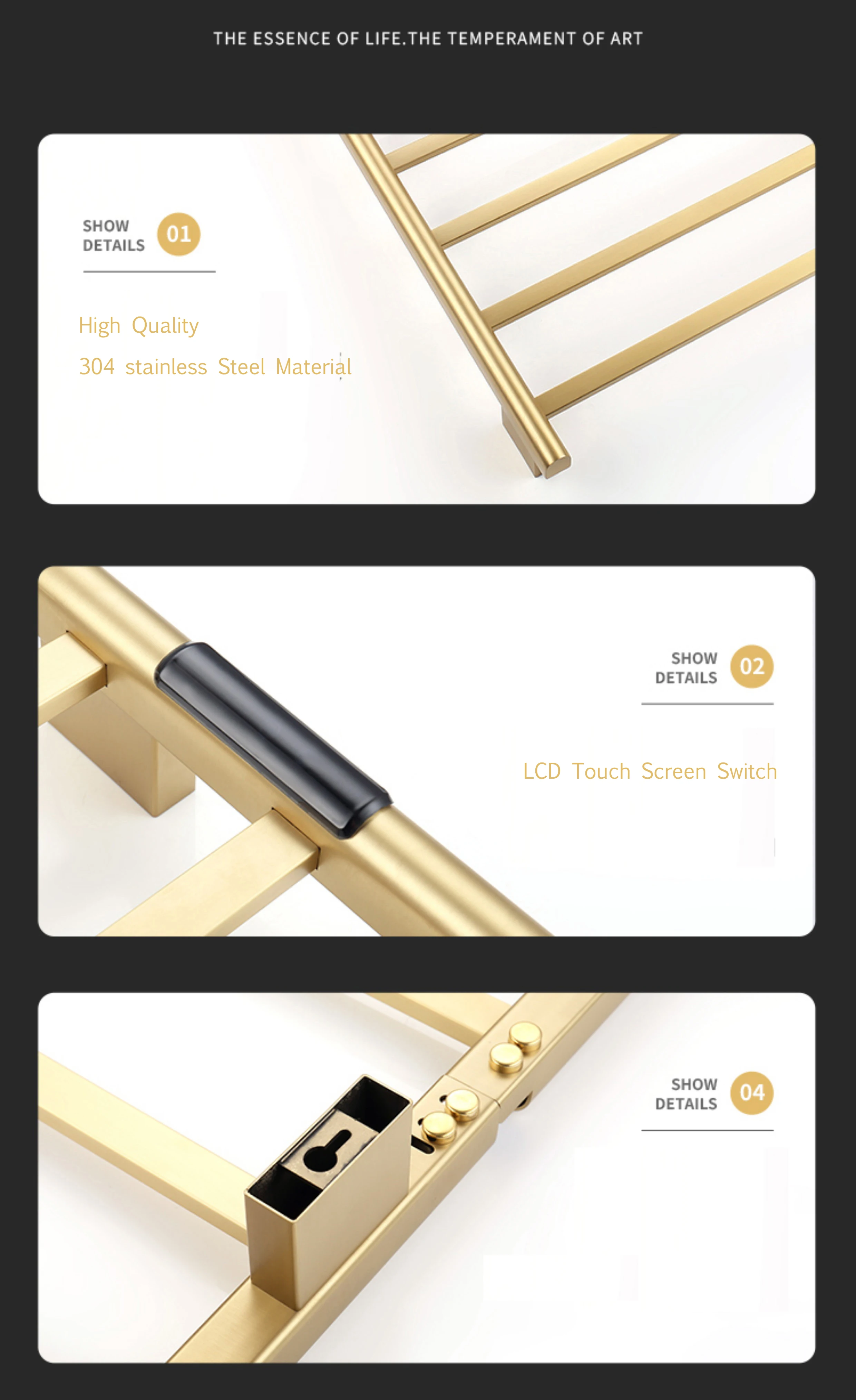 2024 Hot selling in Russia 110/220V Brushed Gold Folded Electric Towel Rack 304 Stainless Steel Towel Warmer Rack for Bathroom