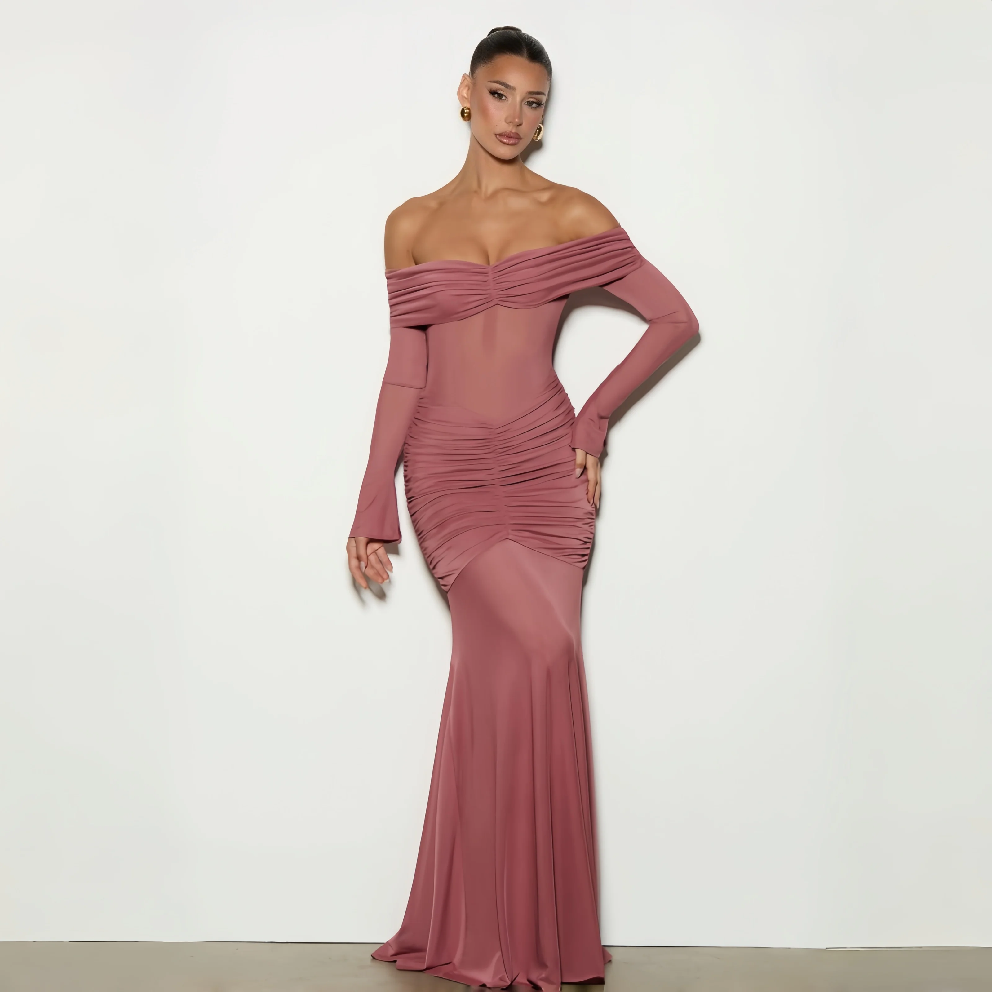 Sexy, transparentes, schulterfreies Meerjungfrauen-Abendkleid mit langen Ärmeln, schwarz, durchsichtiger Rücken, bodenlang, formelles Party- und Ballkleid