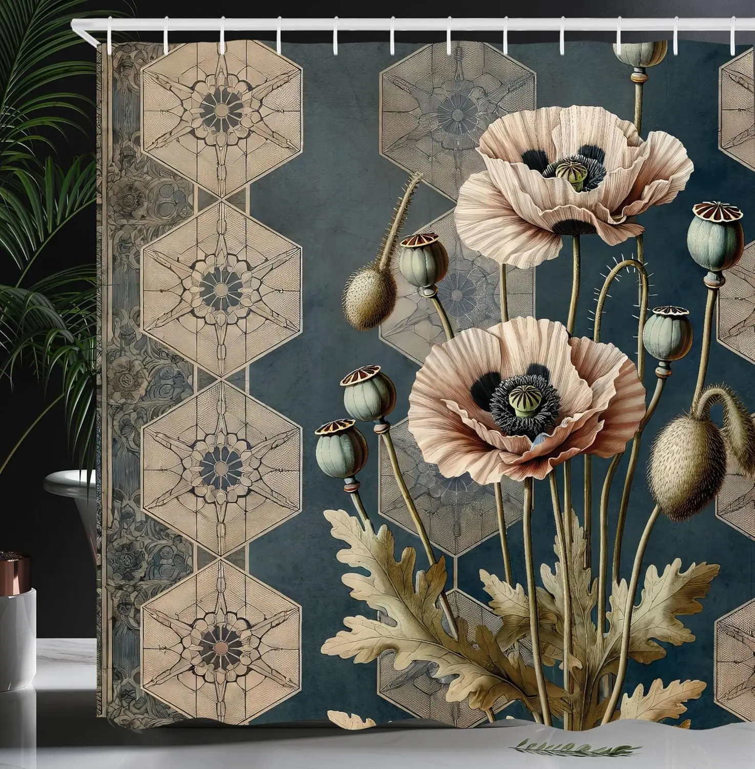 Vintage Shower Curtain, Nostalgic Color Palette Blooming Poppy Flowers with Trippy Details, Cloth Fabric Bathroom Decor Set with