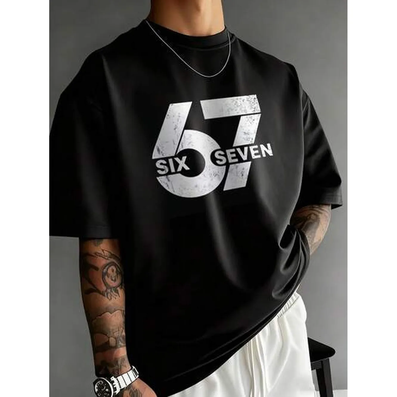 Men's casual and stylish streetwear short-sleeved T-shirt with the number 67 print, perfect for summer wear.