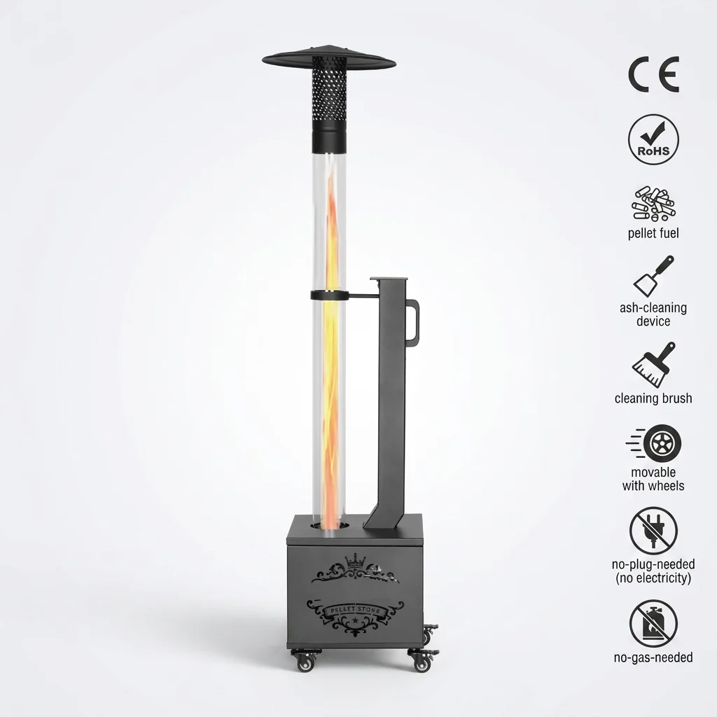 Modern Style Pellet Patio Heater Carbon Steel Freestanding Outdoor Heater Stove for Garden Courtyard and Commercial Use