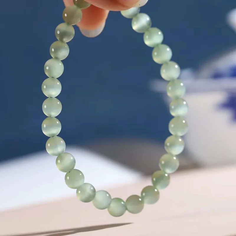 Natural Xinjiang Hetian Russian Jade White Cat Eye 6mm round Bead Bracelet for Men and Women