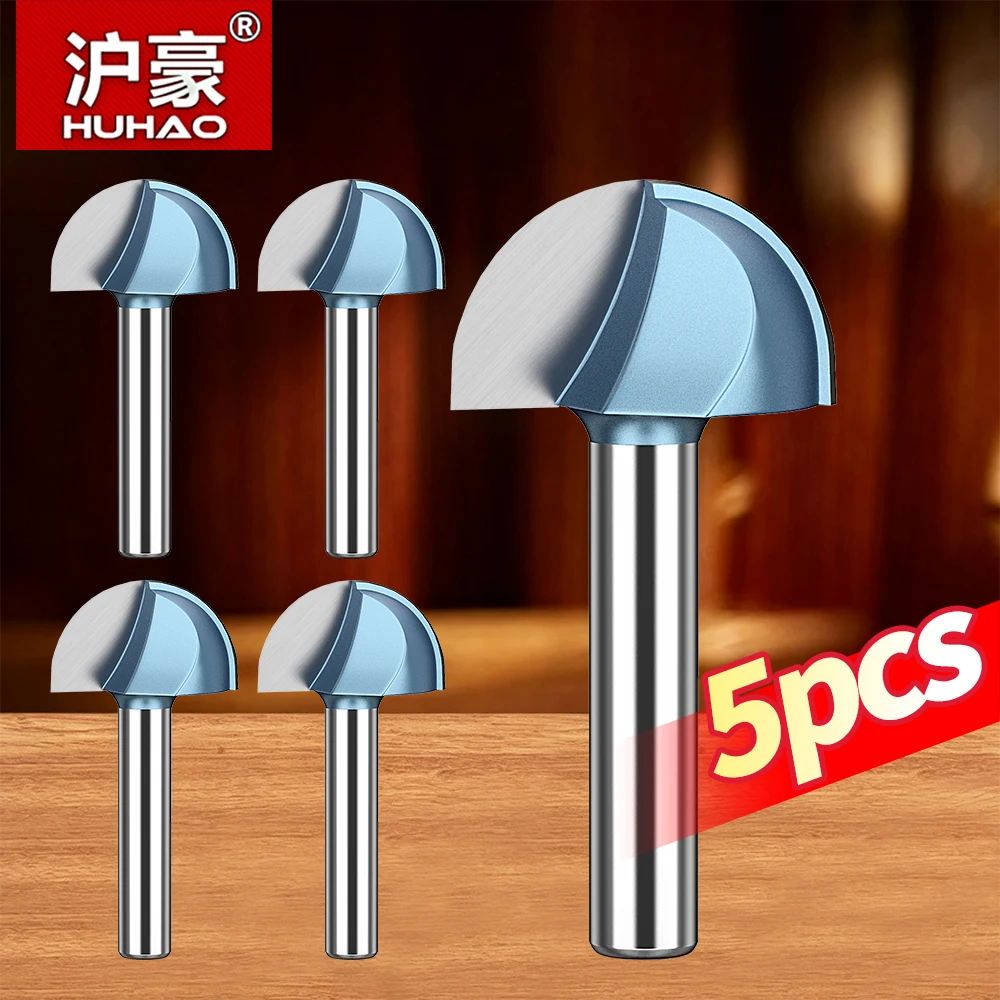 HUHAO 5PC 6.35mm Shank Router Bit Set Carbide End Mill Tool Long Blade Round Nose Bit Core Box Solid CNC Radius Core Milling Bit