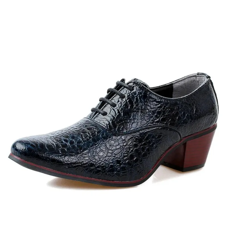 Men Thick Heel Snake Pattern Classic Leather Shoes Comfortable High Heels Leather Dress Dance Shoes Men Wedding Groom Shoes