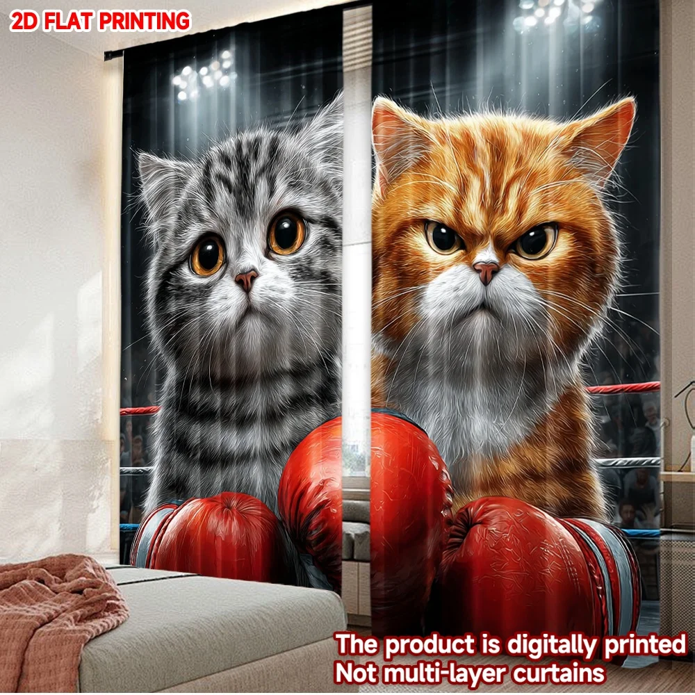 2D flat printing 2pcs Curtain Fashion Boxing Cat Pattern Digital Printed Polyester Drapes Festive Curtains for Holiday