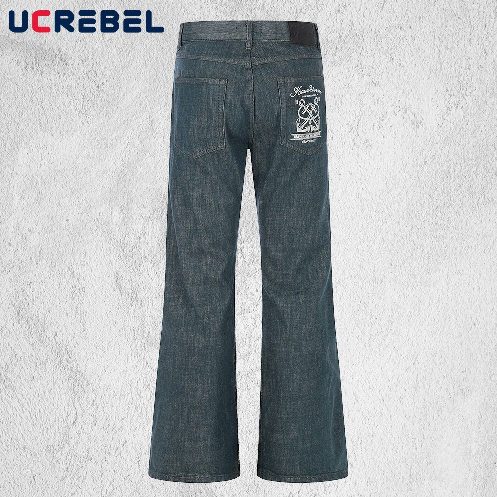 

Pocket Embroidery Raw Jeans Mens Retro High Street Straight Baggy Wide Leg Denim Flare Pants Man