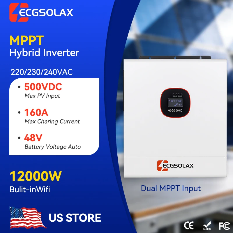 

ECGSOLAX 12KW Hybrid Solar Inverter 48V 230Vac With Dual MPPT 160A Solar Charger Pure Sine Wave Hybrid Inverter Built-in WIFI