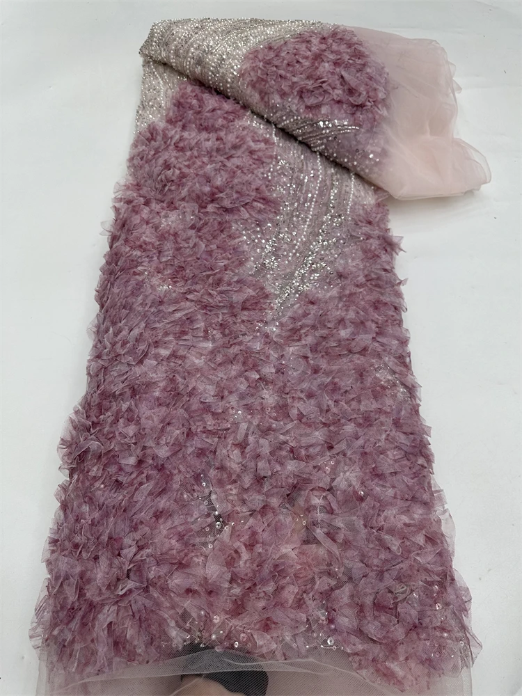 Latest Popular Africa Embrordered Tulle Net Lace With Beads French High Quality Mesh 3D Flower Fabric Party Evening Dress