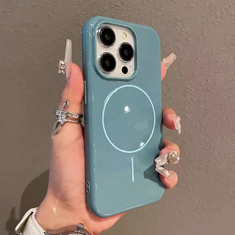 Originality Glossy Solid Color Magsafe Magnetic Case for iPhone 16 15 14 13 12 11 Pro Max Plus Fall Prevention Shockproof Cover