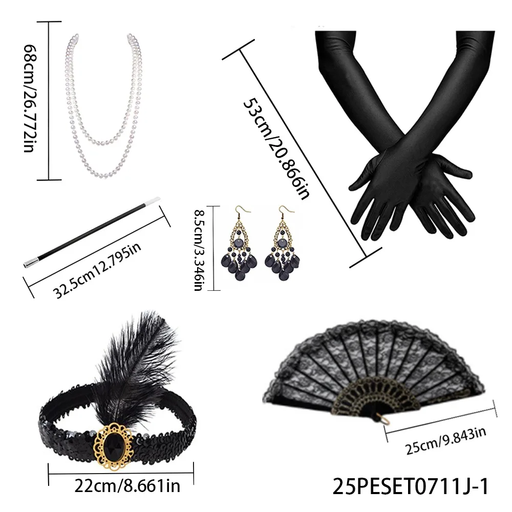 PESNEAR 1920er Jahre Vintage Flapper Zubehör Set Halskette Ohrringe Handschuhe Zigarettenspitze Stirnband Fan