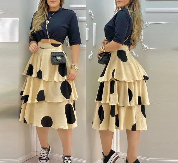 

Women's Long Sleeve Crop Top & Casual Black Polka Dot Printed Skirt Set Temperament Commuting New Fashion Women Skirts Outfits