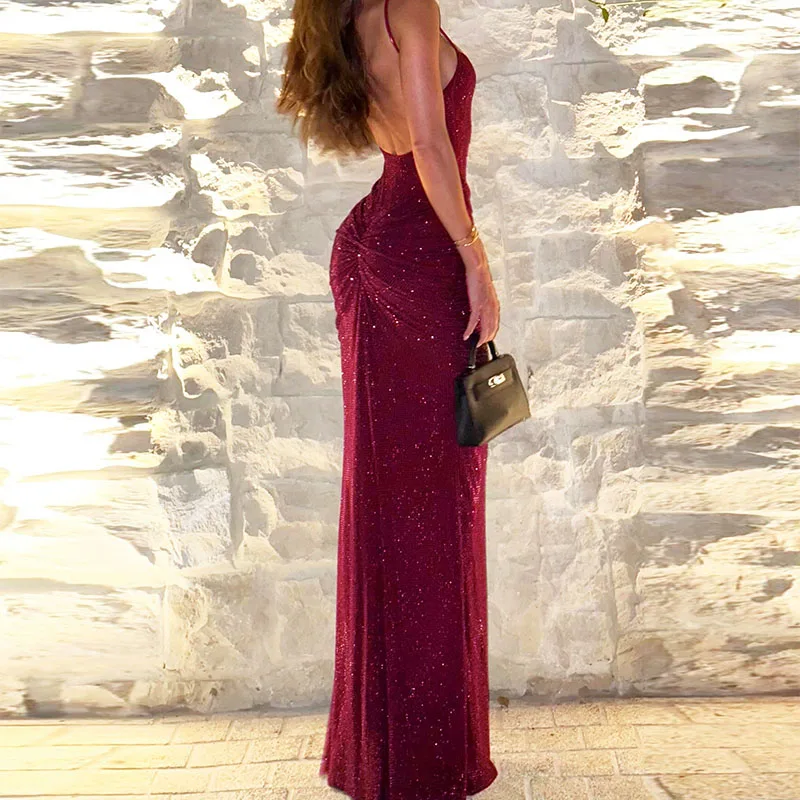 Senhora moda sem mangas magro vestido de festa sexy fora do ombro brilhante lantejoulas suspender vestido elegante sem costas oco sólido vestido longo