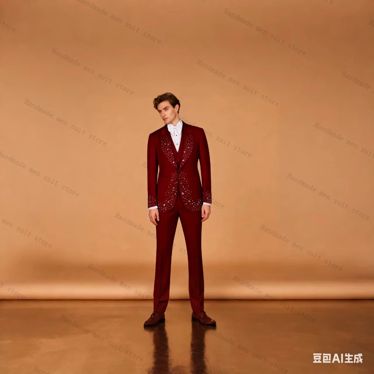 

Red Luxury Men Suit Set 2 Piece Crystals Blazer+Pants Prom Wedding Tuxedos Coat Cotton Customized Formal Office Business Jacket