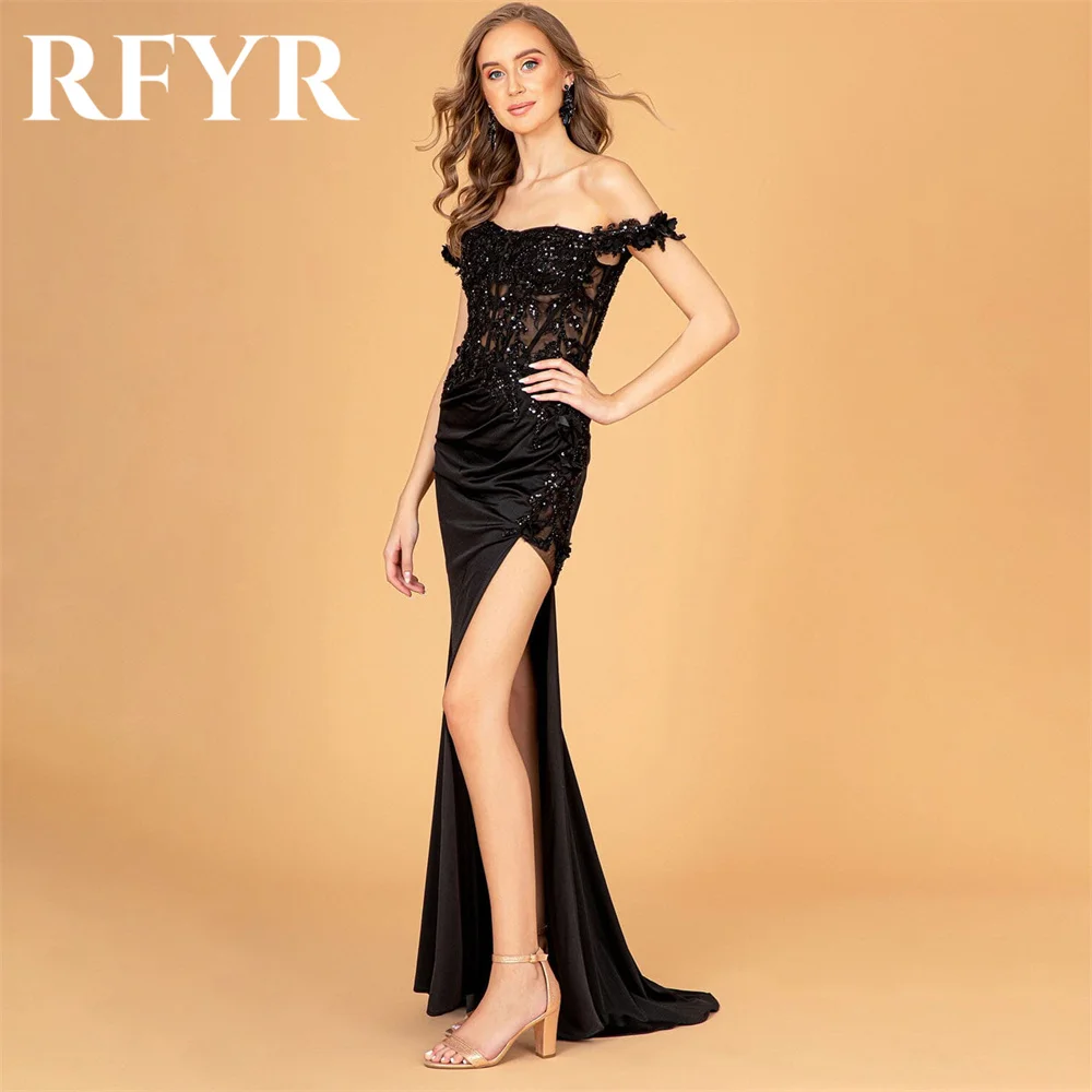 

RFYR Black Evening Dresses for Party Satin Off the Shoulder Pleats Long Mermaid Prom Gowns Splits Celebrity Dresses Customized