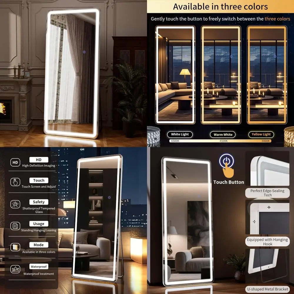Lustro podłogowe z podświetleniem LED - Lustro stojące na całej długości 71x26 z regulacją jasności i 3 trybami kolorów - Montaż ścienny lub na stojaku