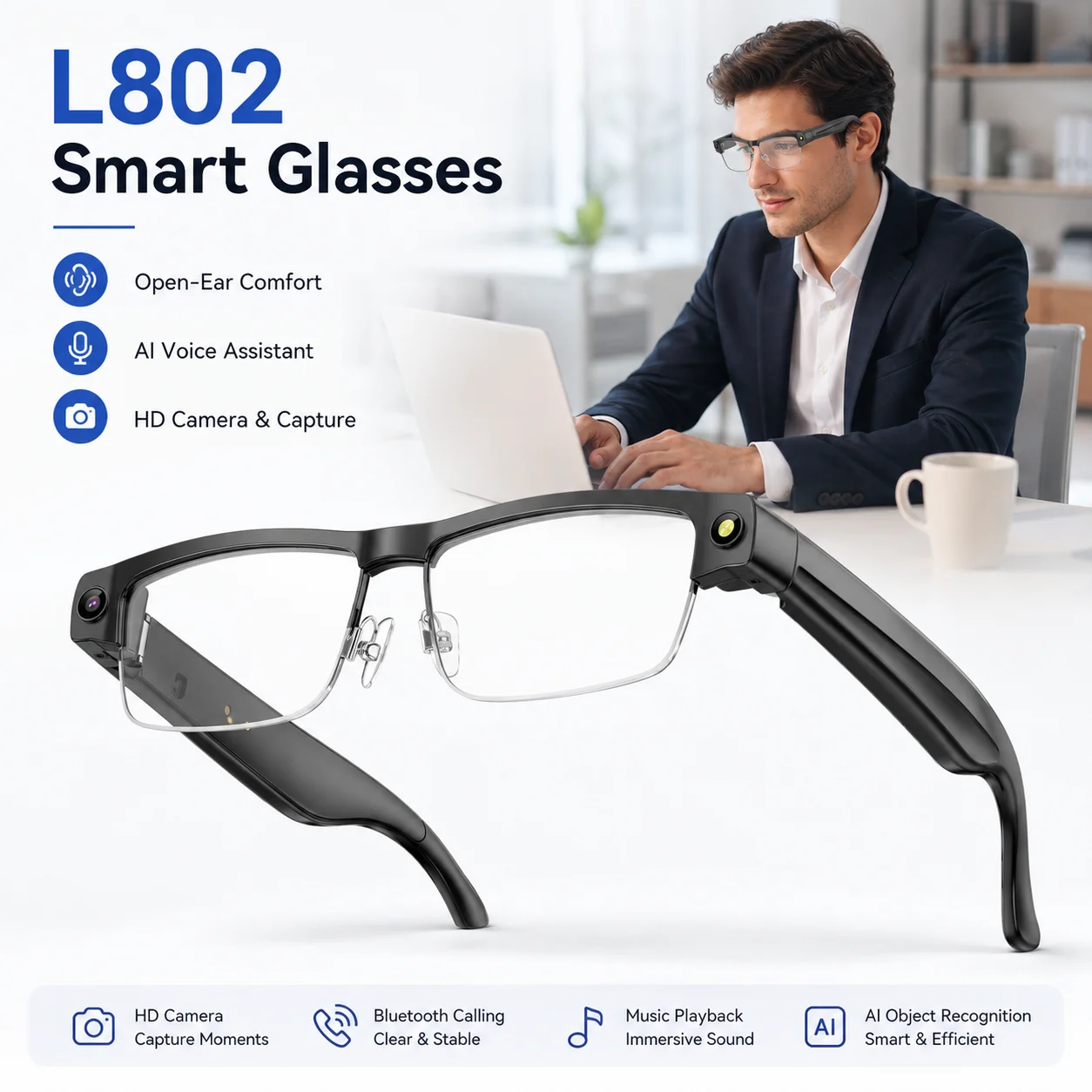 L802 All-in-one AI Smart Cycling Glasses First Person View Shooting 1200P HD Video Real-time Translation WiFi Sync Sports Travel