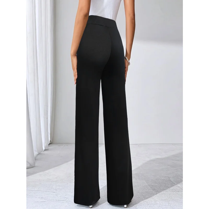 2025 Modern Classy Wide Leg Trousers Women Elastic Waist Stretchy Slimming Black Daily Office Trousers 