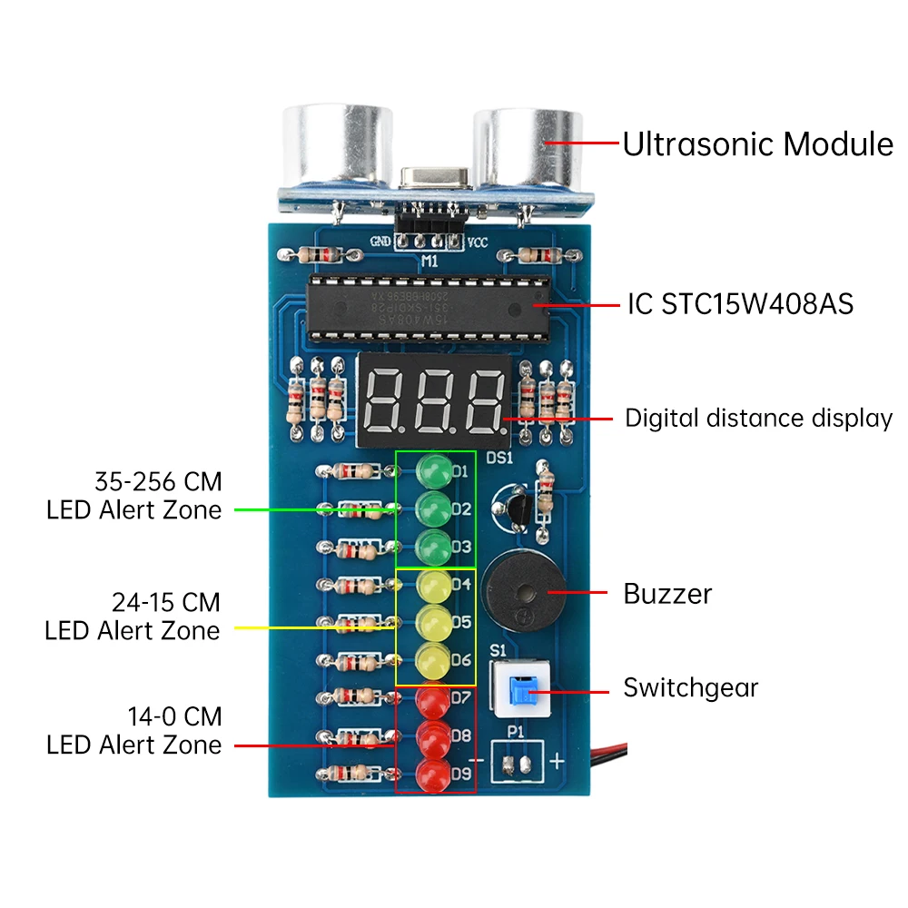 Kit de alarma de rango ultrasónico DIY, módulo medidor de distancia ultrasónico DC 4,5-6V con luces LED, Kit de práctica de soldadura