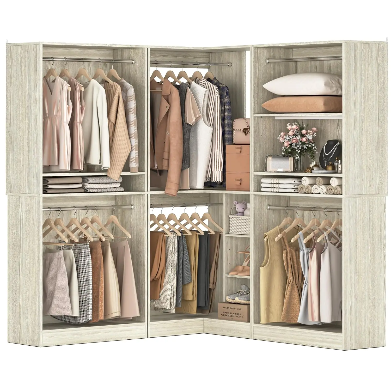108” Corner Closet System, 3-Piece L-Shaped Closet Organizer with 2 Closet Towers and 1 Corner Unit, Heavy Duty, Customized