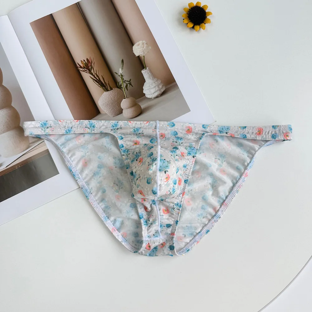 Men Sweet Print Briefs Thin Belt U Convex Pouch Underwear Sissy Erotic Lingerie Cooling Panties Male Daily Sleep Wear