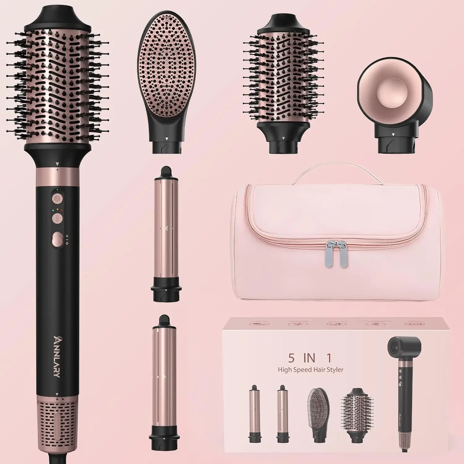 

5-in-1 Ionic Hot Air Styler: 1400W Hair Dryer Brush with Auto-Wrap Curlers, Fast Drying Paddle Brush, Volumizing & Travel Bag