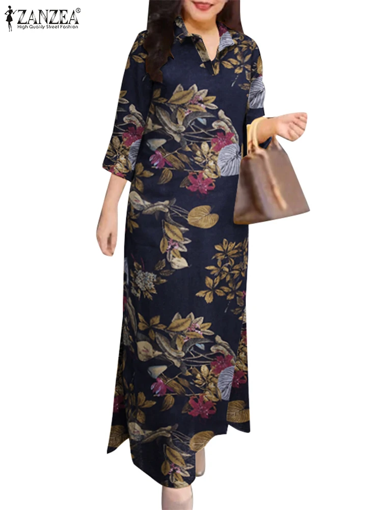 ZANZEA Donne Eleganti Autunno Vintage Risvolto Collo Manica 3/4 Vestito Estivo Stampato Floreale Camicia Abito 2024 Casual OL Lavoro Cotone Vestido