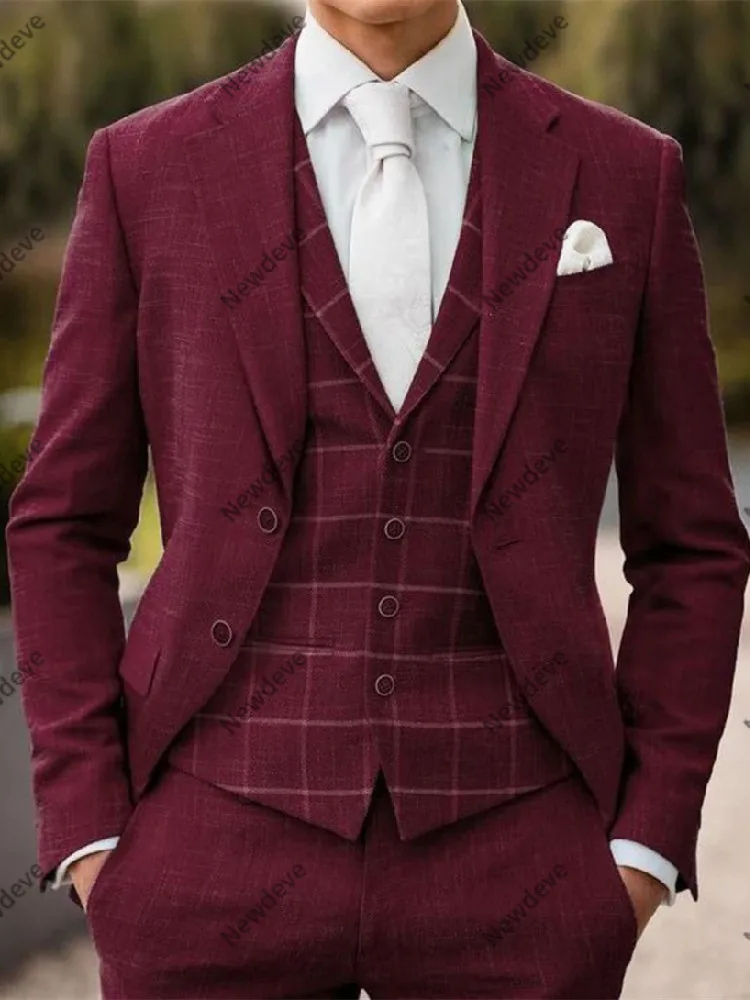 

Burgundy Men's Suits Tailored 3 Pieces Blazer Vest Pants Single Breasted Wedding Peaked LapelPlaid Stripes Custom Made Plus Size