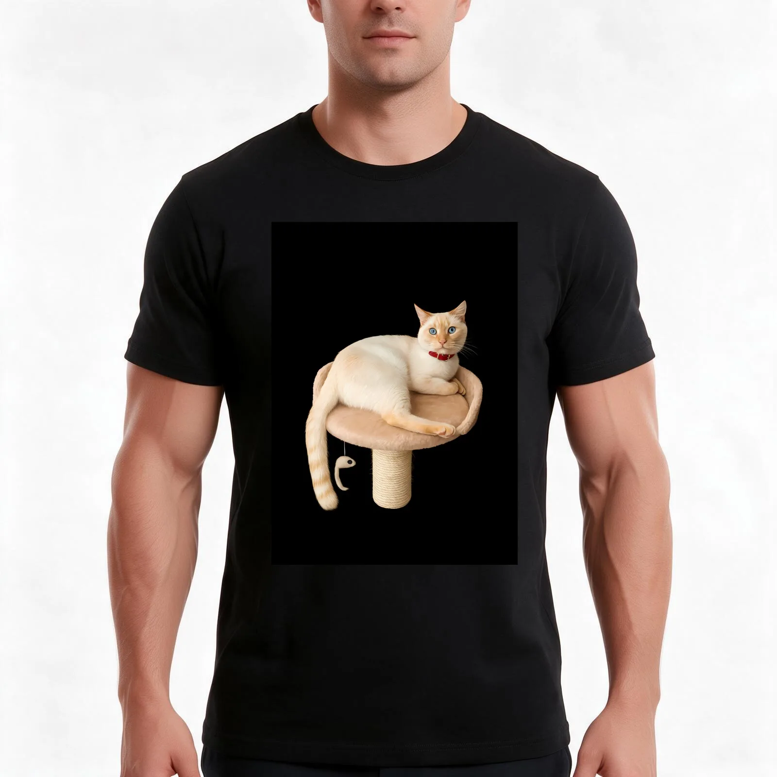 Regal Cat on Scratching Post – Minimalist Pet Design T-Shirt Summer Casual Cotton Tee Oversized Streetwear Tops 100% Cotton
