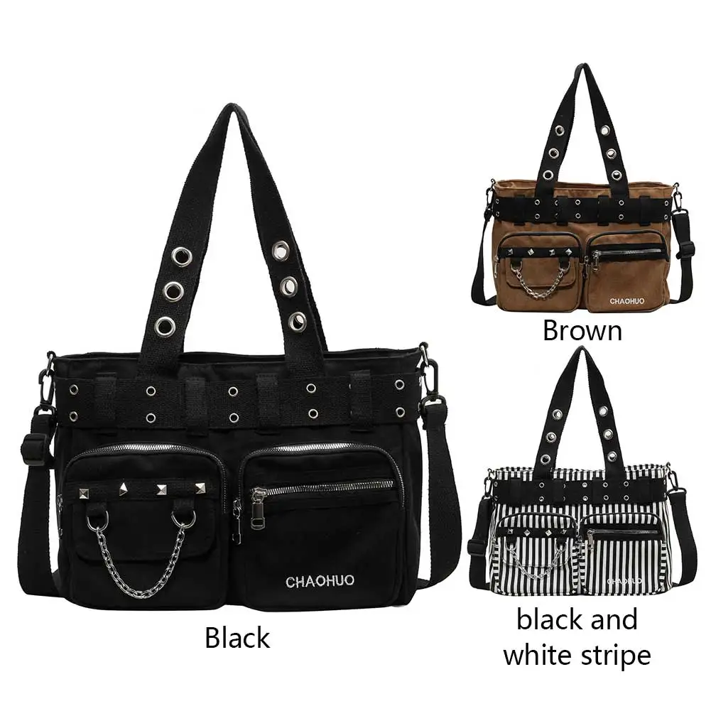 

Women Rockabilly Shoulder Bag with Chain Canvas Rivet Tote Handbag Zipper Closure Punk Style Sling Bag Rock Girls Daily Bag